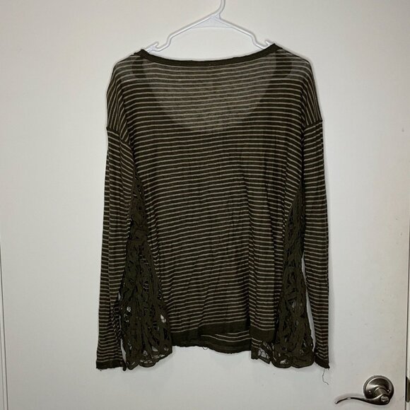 Free People M Striped Long Sleeve Top Olive Lace Accents Cotton Blend Womens Boh - Picture 5 of 9